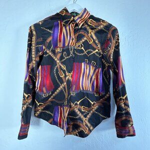 Lauren Ralph Lauren Petite Womens Equestrian Button-Down Shirt Size P/P Black